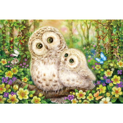 Jigsaw puzzle with two owls and flowers in nature