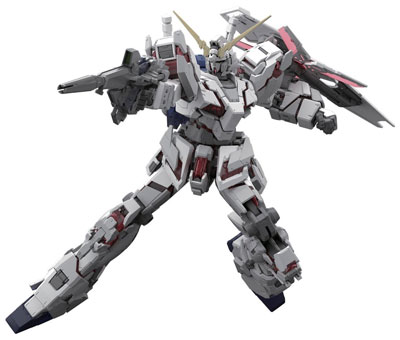 Posing grey Gundam Unicorn with a rifle in right hand, shield on left arm.