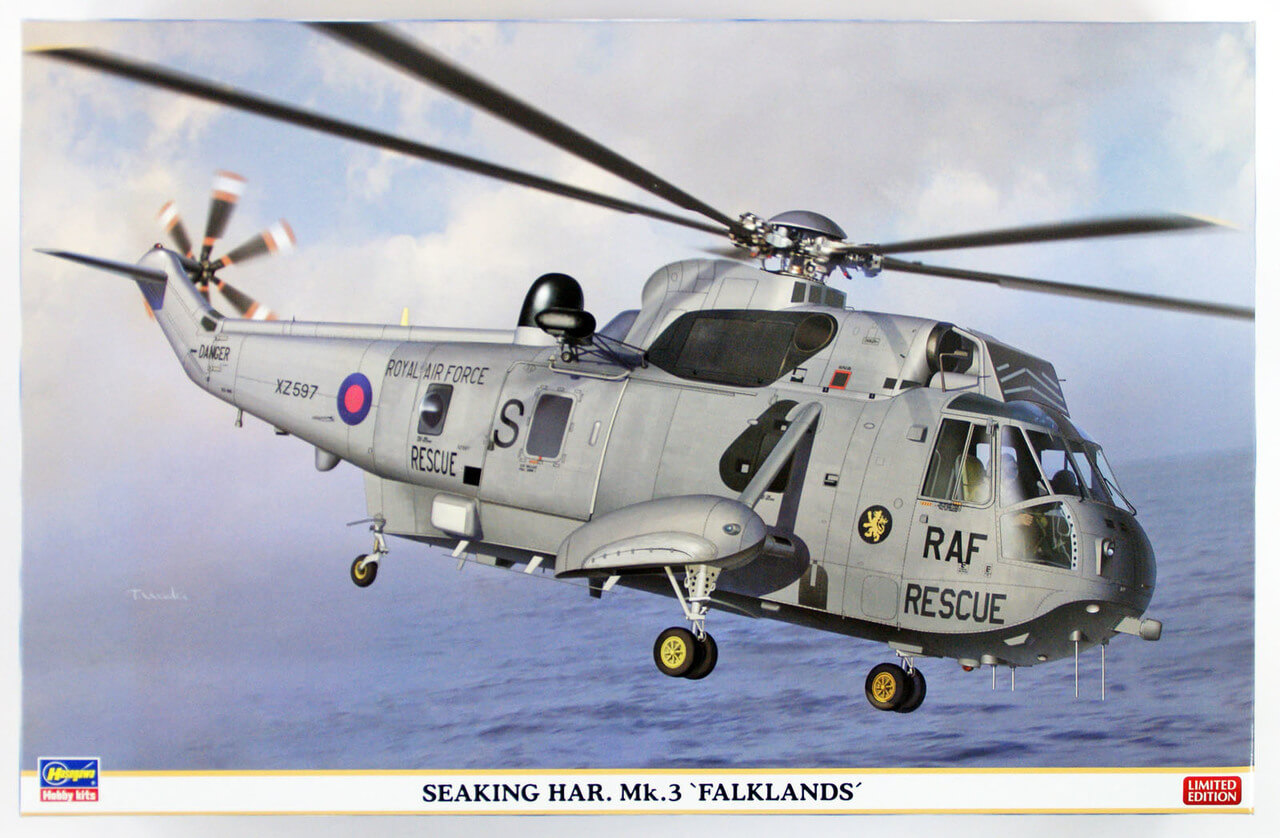 Box art showing grey Seaking Har. Mk. III RAF rescue helicopter in flight over water.