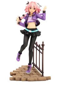anime figurine of girl with pink hair, short skirt, and crop top next to fence
