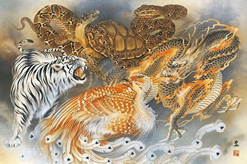 A jigsaw puzzle with four Japanese animal deities