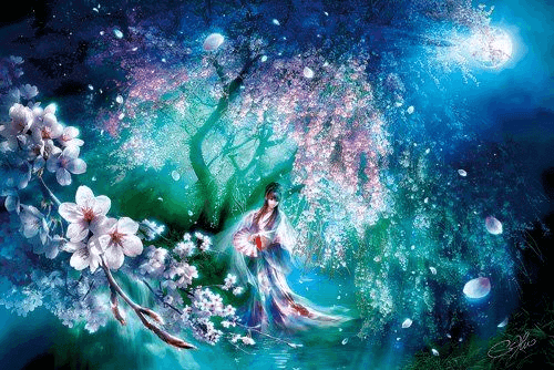 A Sakura and fantasy woman in moonlight puzzle