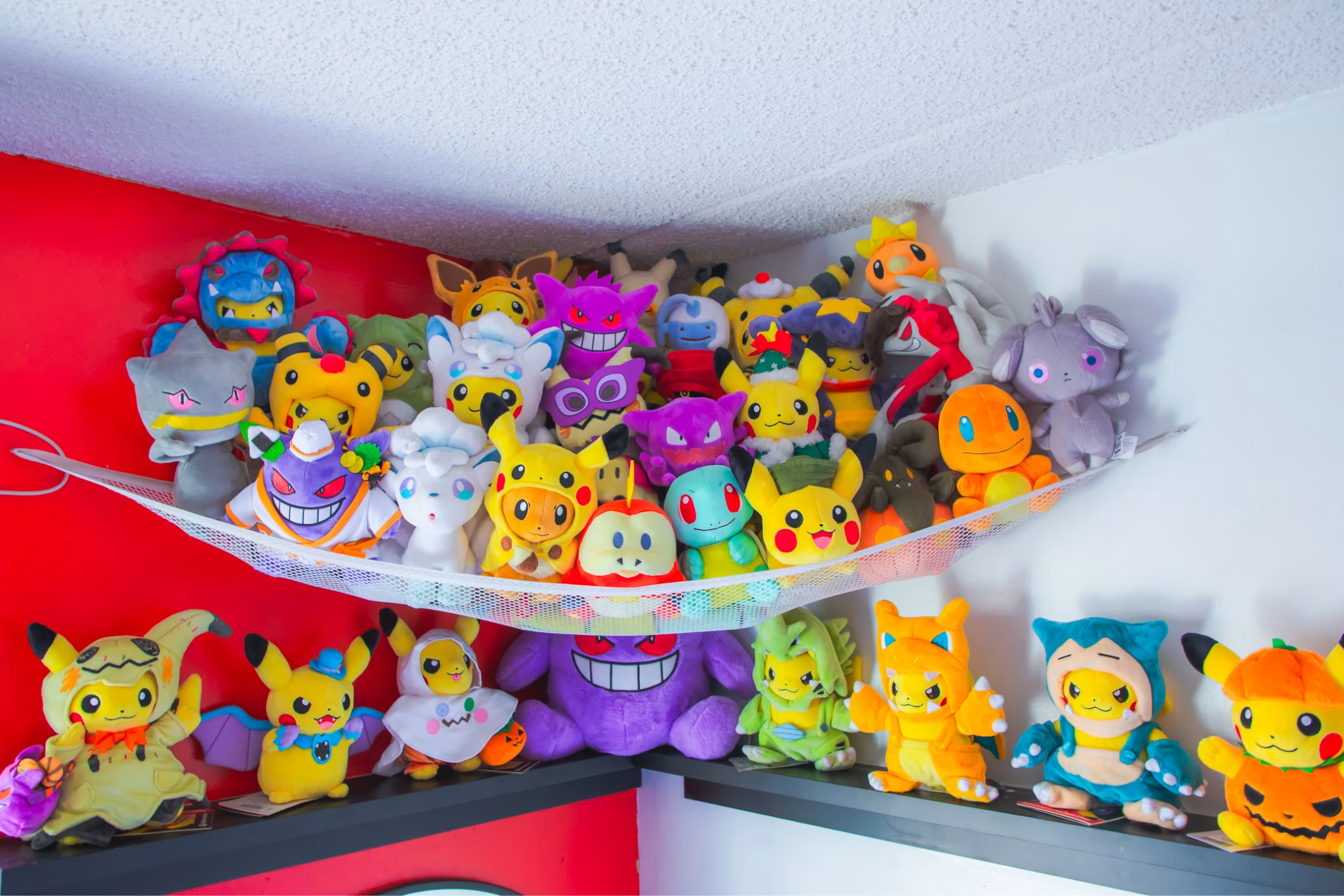 Pokémon plush toys arranged together on a display shelf